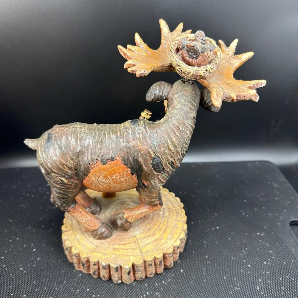 Whimsical Rustic Moose Figurine with Rifle‎ and Bird Nest Cabin Decor Decor VTG